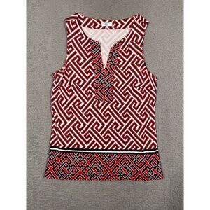 Crown & Ivy  Womens Tank Top Blouse Small PS Red White‎ Blue V-Neck Geometric